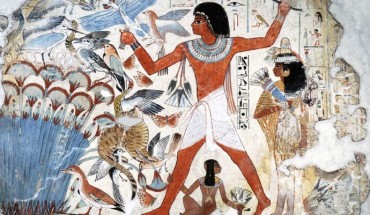 Nebamun hunting in the marshes with his wife and daughter, part of a wall painting from the tomb-chapel of Nebamun, Thebes, New Kingdom, 1350 BC. Image credit: Werner Forman Archive / Bridgeman Images.