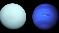 Left: arriving at Uranus in 1986, Voyager 2 observed a bluish orb with subtle features; a haze layer hid most of the planet’s cloud features from view. Right: this image of Neptune was produced from Voyager 2 and shows the Great Dark Spot and its companion bright smudge. Image credit: NASA / JPL-Caltech.