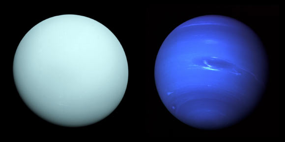 Left: arriving at Uranus in 1986, Voyager 2 observed a bluish orb with subtle features; a haze layer hid most of the planet’s cloud features from view. Right: this image of Neptune was produced from Voyager 2 and shows the Great Dark Spot and its companion bright smudge. Image credit: NASA / JPL-Caltech.