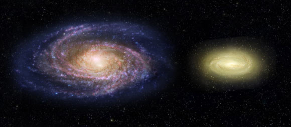 This artist’s concept shows what the young, ‘dead,’ disk galaxy MACS 2129-1 (right) would look like when compared with our Milky Way Galaxy (left). Although three times as massive as the Milky Way, it is only half the size. MACS 2129-1 is also spinning more than twice as fast as the Milky Way. Note that regions of the Milky Way are blue from bursts of star formation, while MACS 2129-1 is yellow, signifying an older star population and no new star birth. Image credit: NASA / ESA / Z. Levy, STScI.