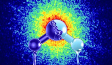 An artist’s impression of the two forms of ultra-viscous liquid water with different density; on the background is depicted the X-ray speckle pattern taken from actual data of high-density amorphous ice, which is produced by pressurizing water at very low temperatures. Image credit: Mattias Karlén.