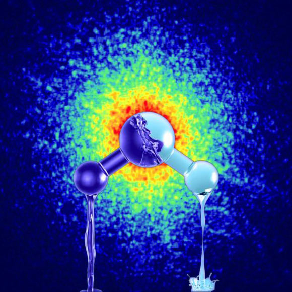 An artist’s impression of the two forms of ultra-viscous liquid water with different density; on the background is depicted the X-ray speckle pattern taken from actual data of high-density amorphous ice, which is produced by pressurizing water at very low temperatures. Image credit: Mattias Karlén.