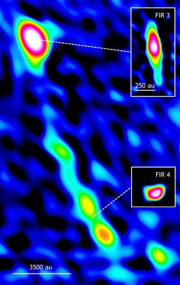 The protostar FIR 3 with outflow that may have triggered the formation of the younger protostar FIR 4. Pullouts are individual VLA images of each protostar. Image credit: Osorio et al / NRAO / AUI / NSF.