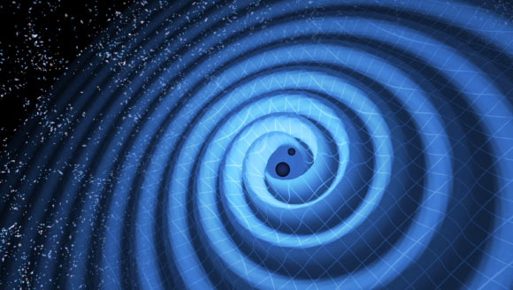 Gravitational waves observed by Laser Interferometer Gravitational-Wave Observatory (LIGO) twin detectors were produced during the final fraction of a second of the merger of two black holes to produce a single, more massive spinning black hole. Image credit: T. Pyle / LIGO.