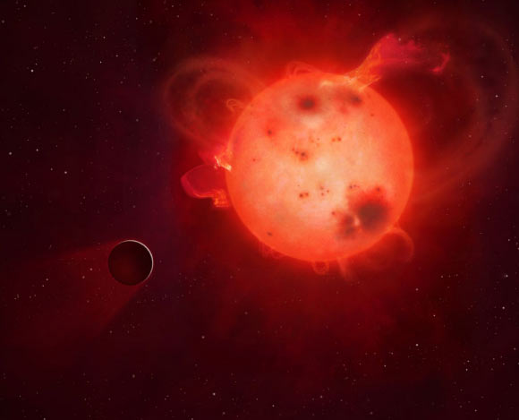 Artist’s conception of an exoplanet’s atmosphere being stripped by the radiation from its parent star. Image credit: Mark A. Garlick / University of Warwick.