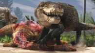 Razanandrongobe sakalavae scavenging on a sauropod carcass. Unlike extant crocodilians, this animal walked on erect limbs. Image credit: Fabio Manucci.