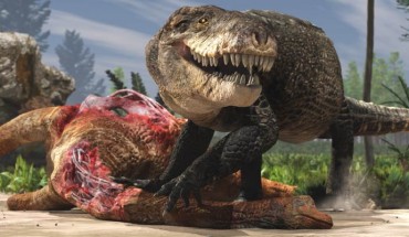 Razanandrongobe sakalavae scavenging on a sauropod carcass. Unlike extant crocodilians, this animal walked on erect limbs. Image credit: Fabio Manucci.