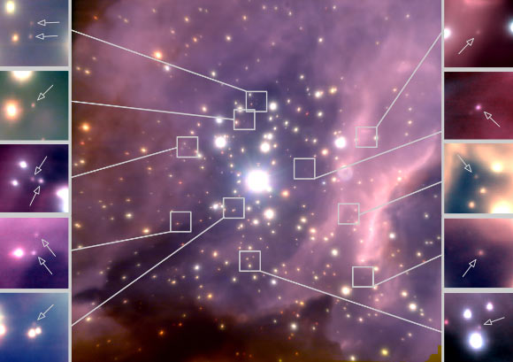 False-color near-infrared image of the core of the young massive cluster RCW 38 taken with the adaptive-optics camera NACO on ESO’s Very Large Telescope. RCW 38 lies at a distance of about 5,500 light years from the Sun. The field of view of the central image is approximately 1 arc minute, or 1.5 light-years across. The insets, each spanning about 0.07 light-years on a side, show a subset of the faintest and least massive cluster candidate brown dwarfs (indicated by arrows) of RCW 38 discovered in this new image. Image credit: Muzic et al.