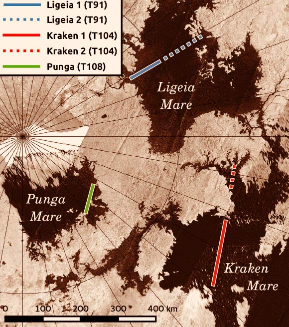 Titan’s three largest lakes -- Kraken Mare, Ligeia Mare and Punga Mare -- and their surrounding areas as seen by Cassini’s RADAR instrument. Image credit: Cyril Grima, University of Texas at Austin.