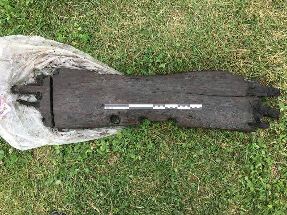 The carved oak timber object recently found in peat layers just outside the south gateway of the Borgring fortress. The piece has been cut and sampled for dendrochronological sampling (left). The function of the piece is unknown, but it may be a part of a door or building. Image credit: Nanna Holm / Museum of South East Denmark.