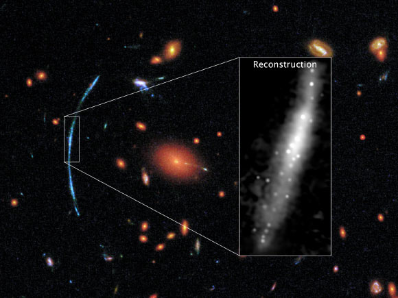 In this Hubble photograph of the massive galaxy cluster SDSS J1110+6459, which is located about 6 billion light-years from Earth, a spotty blue arc stands out against a background of red galaxies. That arc is actually three separate images of the same background galaxy SGAS 1110. The galaxy has been gravitationally lensed, its light magnified and distorted by the intervening galaxy cluster. On the right: how SGAS 1110 would look to Hubble without distortions. Image credit: NASA / ESA / T. Johnson, University of Michigan.