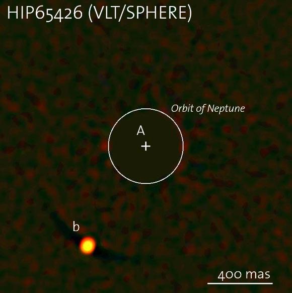 The photo of the super-Jupiter HIP 65426b (lower left). Image credit: ESO / SPHERE Consortium / G. Chauvin et al.
