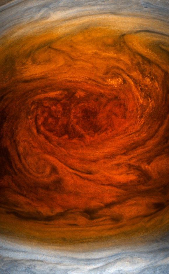 This enhanced-color image of Jupiter’s Great Red Spot was created by citizen scientists Gerald Eichstaedt and Sean Doran using data from the JunoCam imager on NASA’s Juno spacecraft. The image was taken on July 10, 2017, as Juno performed its seventh close flyby of Jupiter. Image credit: NASA / SwRI / MSSS / Gerald Eichstaedt / Sean Doran.