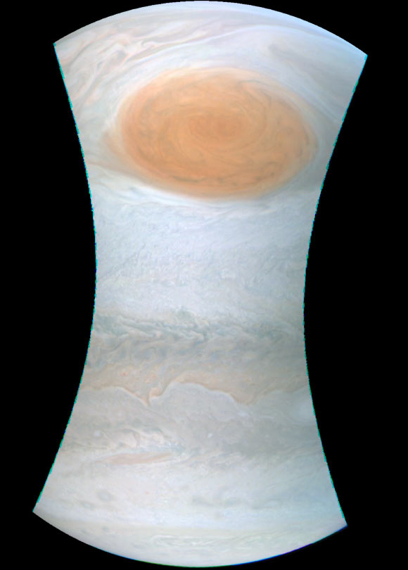 This image of the Great Red Spot was taken on July 10, 2017, as Juno performed its seventh close flyby of Jupiter. At the time the image was taken, the spacecraft was 8,648 miles (13,917 km) from the tops of the clouds of the planet. Image credit: NASA / SwRI / MSSS.