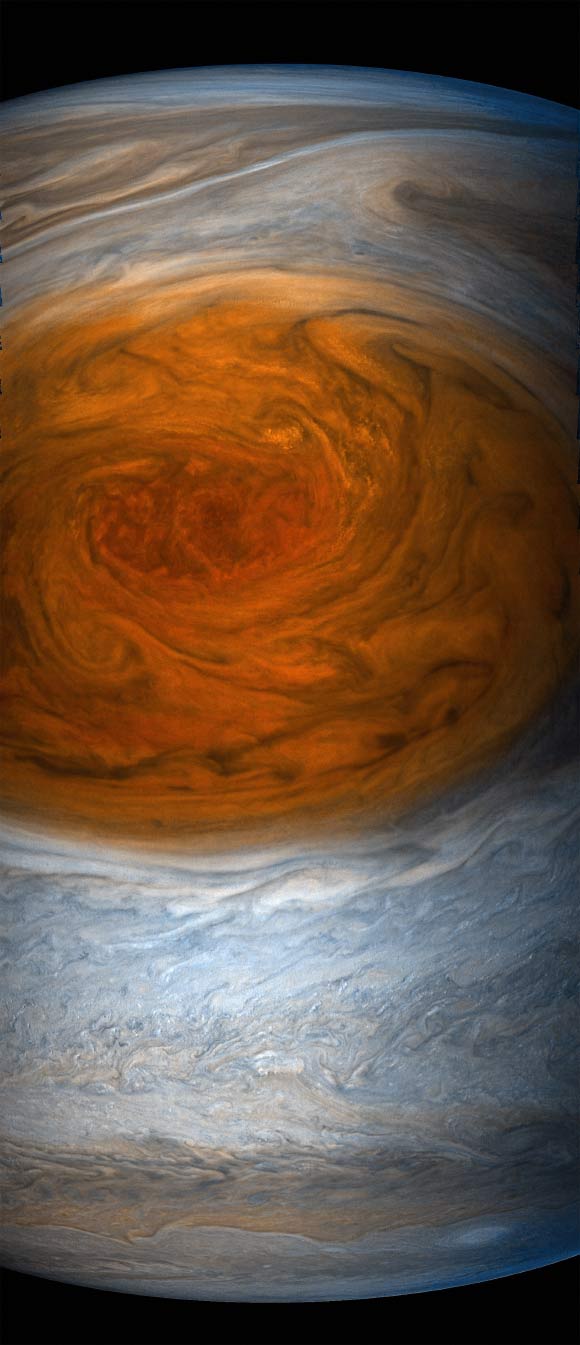 This enhanced-color image of the Great Red Spot was created by citizen scientists Gerald Eichstaedt and Sean Doran using data from the JunoCam imager on NASA’s Juno spacecraft. Image credit: NASA / SwRI / MSSS / Gerald Eichstaedt / Sean Doran.