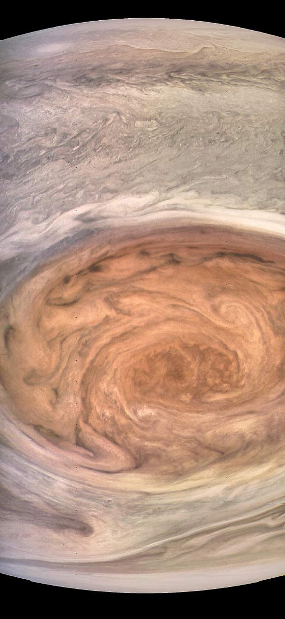 This enhanced-color image of the Great Red Spot was created by citizen scientist Kevin Gill using data from the JunoCam imager on NASA’s Juno spacecraft. At the time the image was taken, the spacecraft was about 6,130 miles (9,866 km) from the tops of the clouds of the planet. Image credit: NASA / JPL-Caltech / SwRI / MSSS / Kevin Gill.