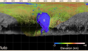A global map of the dwarf planet Pluto. Terrain south of about 30°S was in darkness leading up to and during the flyby, so is shown in black. ‘S’ and ‘T’ indicate Sputnik Planitia and Tartarus Dorsa. Image credit: NASA / JHUAPL / SwRI / LPI.