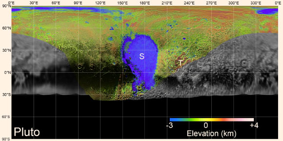 A global map of the dwarf planet Pluto. Terrain south of about 30°S was in darkness leading up to and during the flyby, so is shown in black. ‘S’ and ‘T’ indicate Sputnik Planitia and Tartarus Dorsa. Image credit: NASA / JHUAPL / SwRI / LPI.