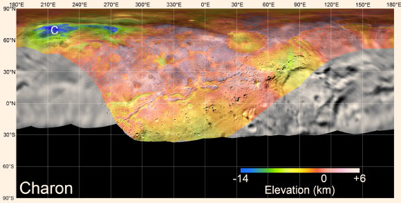 A global map of Charon. Terrain south of about 30°S was in darkness leading up to and during the flyby, so is shown in black. ‘C’ indicates Caleuche Chasma. Image credit: NASA / JHUAPL / SwRI / LPI.
