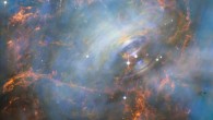 Peering deep into the core of the Crab Nebula, this Hubble image reveals the beating heart of one of the most historic and intensively studied remnants of a supernova, an exploding star. The neutron star at the very center of the nebula has about the same mass as the Sun but compressed into an incredibly dense sphere that is only a few miles across. Spinning 30 times a second, the neutron star shoots out detectable beams of energy that make it look like it’s pulsating. The Hubble snapshot is centered on the region around the neutron star (the rightmost of the two bright stars near the center of this image) and the expanding, tattered, filamentary debris surrounding it. Hubble’s sharp view captures the intricate details of glowing gas, shown in red, that forms a swirling medley of cavities and filaments. Inside this shell is a ghostly blue glow that is radiation given off by electrons spiraling at nearly the speed of light in the powerful magnetic field around the crushed stellar core. This neutron star is a showcase for extreme physical processes and unimaginable cosmic violence. Bright wisps are moving outward from the neutron star at half the speed of light to form an expanding ring. It is thought that these wisps originate from a shock wave that turns the high-speed wind from the neutron star into extremely energetic particles. Image credit: NASA / ESA / J. Hester, ASU / M. Weisskopf, NASA & MSFC.