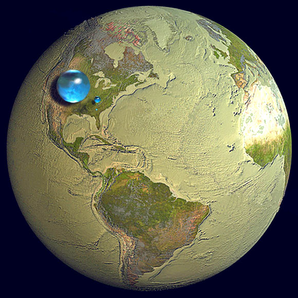 Illustration showing all of Earth’s water, liquid freshwater, and freshwater in lakes and rivers. Image credit: Howard Perlman, USGS / Jack Cook, Woods Hole Oceanographic Institution / Adam Nieman.