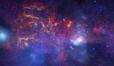 NASA’s Spitzer Space Telescope, Chandra X-ray Observatory, and the NASA/ESA Hubble Space Telescope produced this composite image of the central region of our Milky Way Galaxy. Note that the center of the Galaxy is located within the bright white region to the right of and just below the middle of the image. Image credit: NASA / JPL-Caltech / ESA / CXC / STScI.