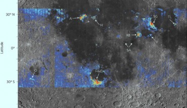 Map of ESPAT (effective single particle absorption thickness) values and associated water contents derived from Moon Mineralogy Mapper spectra. Numerous locations of increased water content (arrows) are associated with previously recognized pyroclastic deposits ranging in area from thousands of square km to much smaller deposits recently identified in high-resolution Lunar Reconnaissance Orbiter Camera images. A - Aristarchus Plateau, H – Harbinger, H&D - Humorum & Doppelmayer, O – Orientale, RB - Rima Bode, SA - Sinus Aestuum, SG - Sulpicius Gallus, TL - Taurus-Littrow, V – Vaporum. Image credit: Ralph E. Milliken & Shuai Li, doi: 10.1038/ngeo2993.