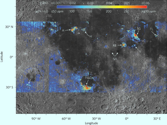 Map of ESPAT (effective single particle absorption thickness) values and associated water contents derived from Moon Mineralogy Mapper spectra. Numerous locations of increased water content (arrows) are associated with previously recognized pyroclastic deposits ranging in area from thousands of square km to much smaller deposits recently identified in high-resolution Lunar Reconnaissance Orbiter Camera images. A - Aristarchus Plateau, H – Harbinger, H&D - Humorum & Doppelmayer, O – Orientale, RB - Rima Bode, SA - Sinus Aestuum, SG - Sulpicius Gallus, TL - Taurus-Littrow, V – Vaporum. Image credit: Ralph E. Milliken & Shuai Li, doi: 10.1038/ngeo2993.