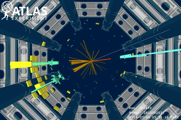 The ATLAS Experiment presented evidence for a first sighting of the Higgs boson decaying to a pair of bottom quarks, with an observed significance of 3.6 sigma. Image credit: ATLAS Collaboration.