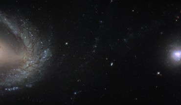 This composite image shows the barred spiral galaxy NGC 1512 (left) and the elliptical galaxy NGC 1510 (right). Image credit: NASA / ESA / Hubble.