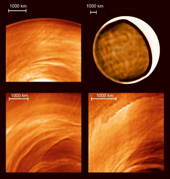Examples of new types of cloud morphology discovered on the night side of Venus: stationary waves (Venus Express, upper left), ‘net’ patterns (IRTF, upper right), mysterious filaments (Venus Express, lower left) and dynamical instabilities (Venus Express, lower right). Image credit: JAXA / ESA / J. Peralta, JAXA / R. Hueso, UPV/EHU.