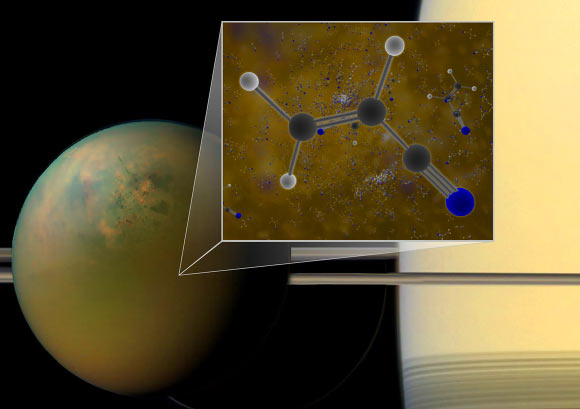 Titan is shown in an optical-infrared (atmosphere-surface) composite from NASA’s Cassini spacecraft. In a liquid methane environment, vinyl cyanide may form membranes. Image credit: B. Saxton / NRAO / AUI / NSF / NASA.