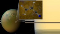 Titan is shown in an optical-infrared (atmosphere-surface) composite from NASA’s Cassini spacecraft. In a liquid methane environment, vinyl cyanide may form membranes. Image credit: B. Saxton / NRAO / AUI / NSF / NASA.
