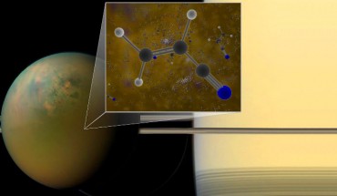 Titan is shown in an optical-infrared (atmosphere-surface) composite from NASA’s Cassini spacecraft. In a liquid methane environment, vinyl cyanide may form membranes. Image credit: B. Saxton / NRAO / AUI / NSF / NASA.