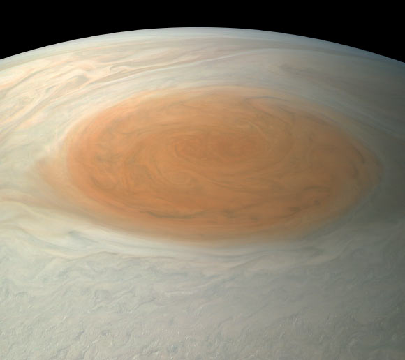 This true color image of Jupiter’s Great Red Spot was taken by the JunoCam imager onboard NASA’s Juno spacecraft on July 10, 2017. Image credit: NASA / JPL-Caltech / SwRI / MSSS / Björn Jónsson.