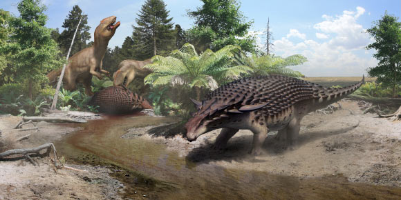 A reconstruction of Borealopelta markmitchelli indicating the stressful life it must have lived with the constant chance of being eaten. Image credit: Robert Nicholls.
