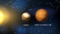 A size comparison of Jupiter and WASP-167b (KELT-13b). Image credit: Keele University.
