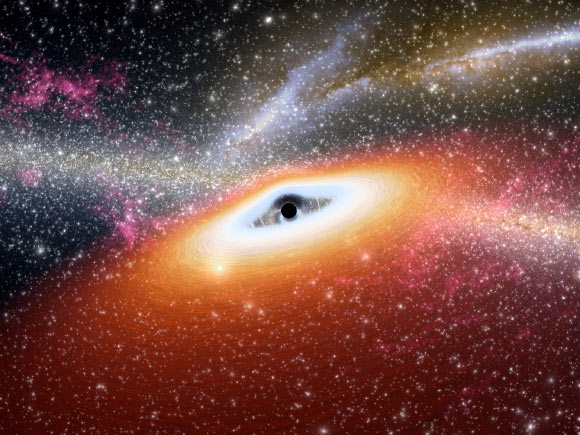 This artist’s conception illustrates one of the most primitive supermassive black holes known at the core of a young, star-rich galaxy. Image credit: NASA / JPL-Caltech.