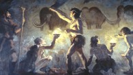 Cro-Magnon artists painting woolly mammoths by Charles R. Knight.