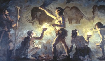 Cro-Magnon artists painting woolly mammoths by Charles R. Knight.