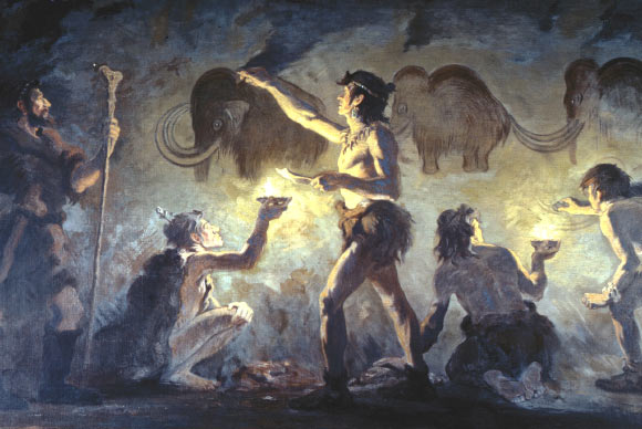 Cro-Magnon artists painting woolly mammoths by Charles R. Knight.