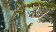 Maiopatagium furculiferum in Jurassic forest in crepuscular (dawn and dusk) light: a mother with a baby in suspending roosting posture, climbing on tree trunk, and in gliding. Image credit: April I. Neander, University of Chicago.