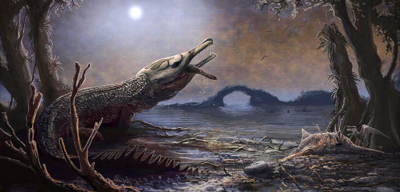 A paleoartist’s reconstruction of Lemmysuchus obtusidens. The reconstruction contains details relating to Motörhead, with the pattern on the head based on the band’s Snaggletooth logo. Image credit: Mark Witton, Trustees of the Natural History Museum, London.