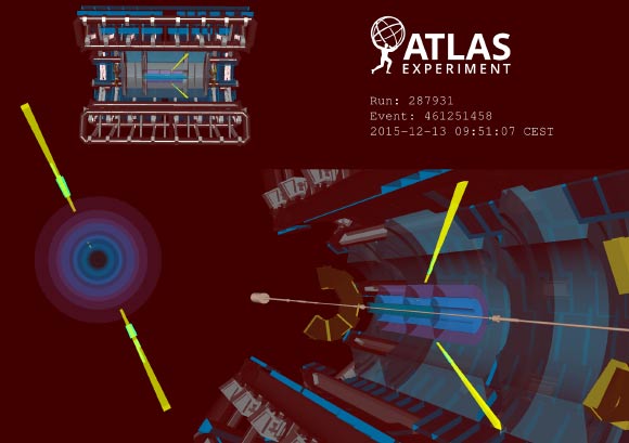 A candidate event of light-by-light scattering, a very rare process in which two photons interact and change direction, measured in the ATLAS detector. Image credit: CERN.