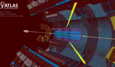 A candidate event of light-by-light scattering, a very rare process in which two photons interact and change direction, measured in the ATLAS detector. Image credit: CERN.