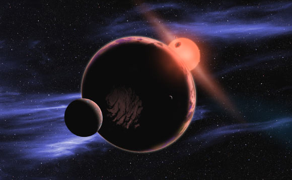 This artist’s conception shows a hypothetical tidally-locked planet with two moons orbiting in the habitable zone of a red dwarf star. Image credit: D. Aguilar / Harvard-Smithsonian Center for Astrophysics.