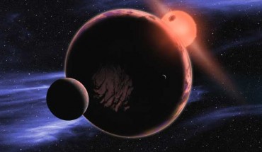 This artist’s conception shows a hypothetical tidally-locked planet with two moons orbiting in the habitable zone of a red dwarf star. Image credit: D. Aguilar / Harvard-Smithsonian Center for Astrophysics.