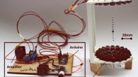 The TinyLev system is composed of the driver board and the single-axis levitator with 72 transducers (arranged as two surfaces, each containing 36 transducers); expanded polystyrene (EPS) particles are trapped at its nodes. Image credit: Marzo et al, doi: 10.1063/1.4989995.