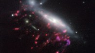 This image of the ‘jellyfish’ galaxy JO204 shows clearly how material is streaming out of the galaxy in long tendrils to the lower-left; red shows the glow from ionized hydrogen gas and the whiter regions are where most of the stars in the galaxy are located; some more distant galaxies are also visible. Image credit: ESO / GASP Collaboration.