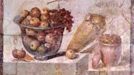 Still life with glass bowl of fruit and vases. Roman painting from the House of Julia Felix in Pompeii, 63-79 CE.